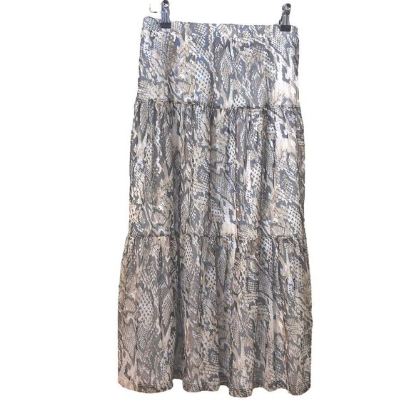 Nina Leonard Skirt XL Beige Snakeprint Tiered Midi Mesh Elastic Waist - Picture 1 of 7